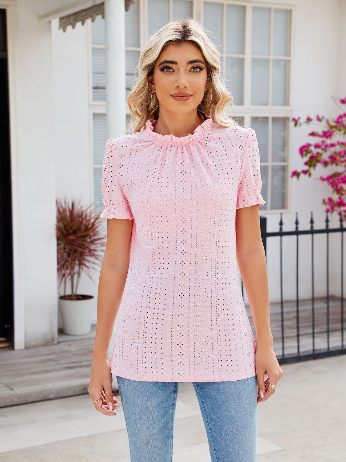 Eyelet Frill Mock Neck Flounce Sleeve Blouse