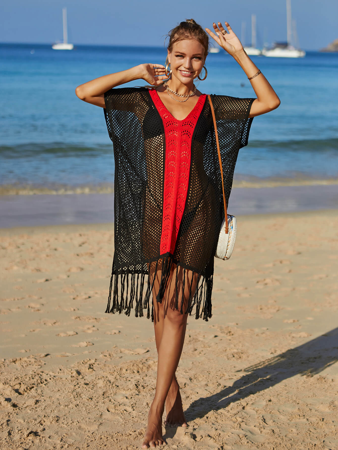 Contrast Fringe Trim Openwork Cover-Up Dress