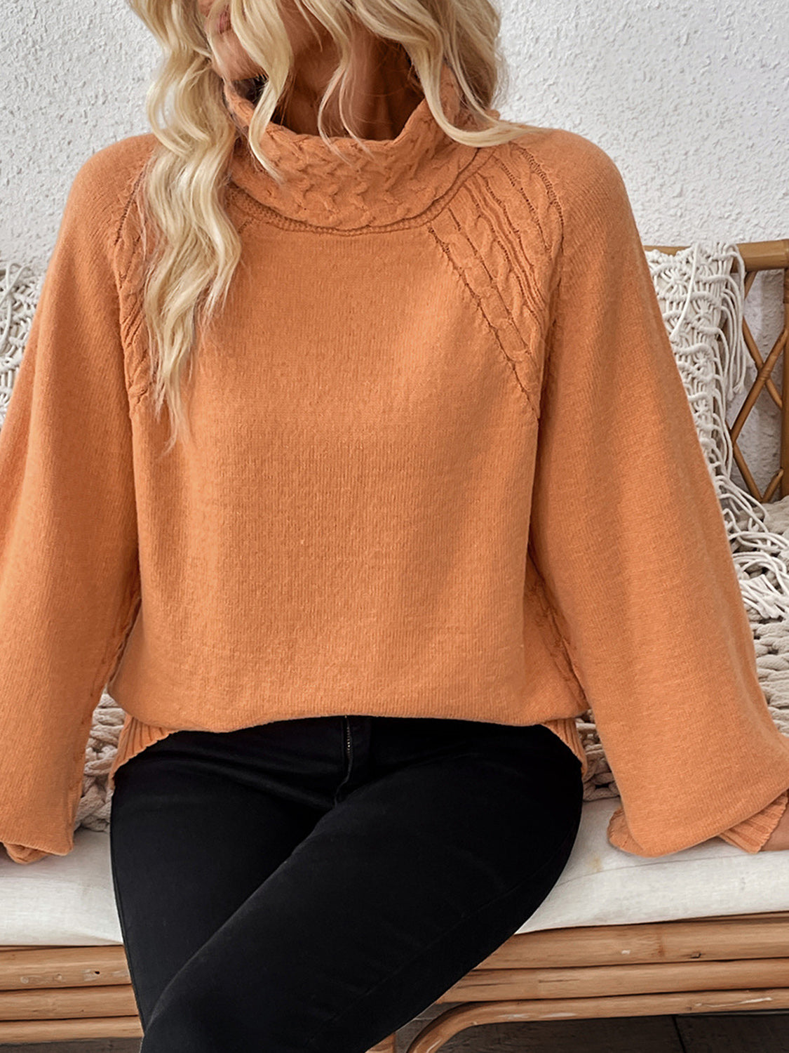 Cable-Knit Turtleneck Long Sleeve Sweater