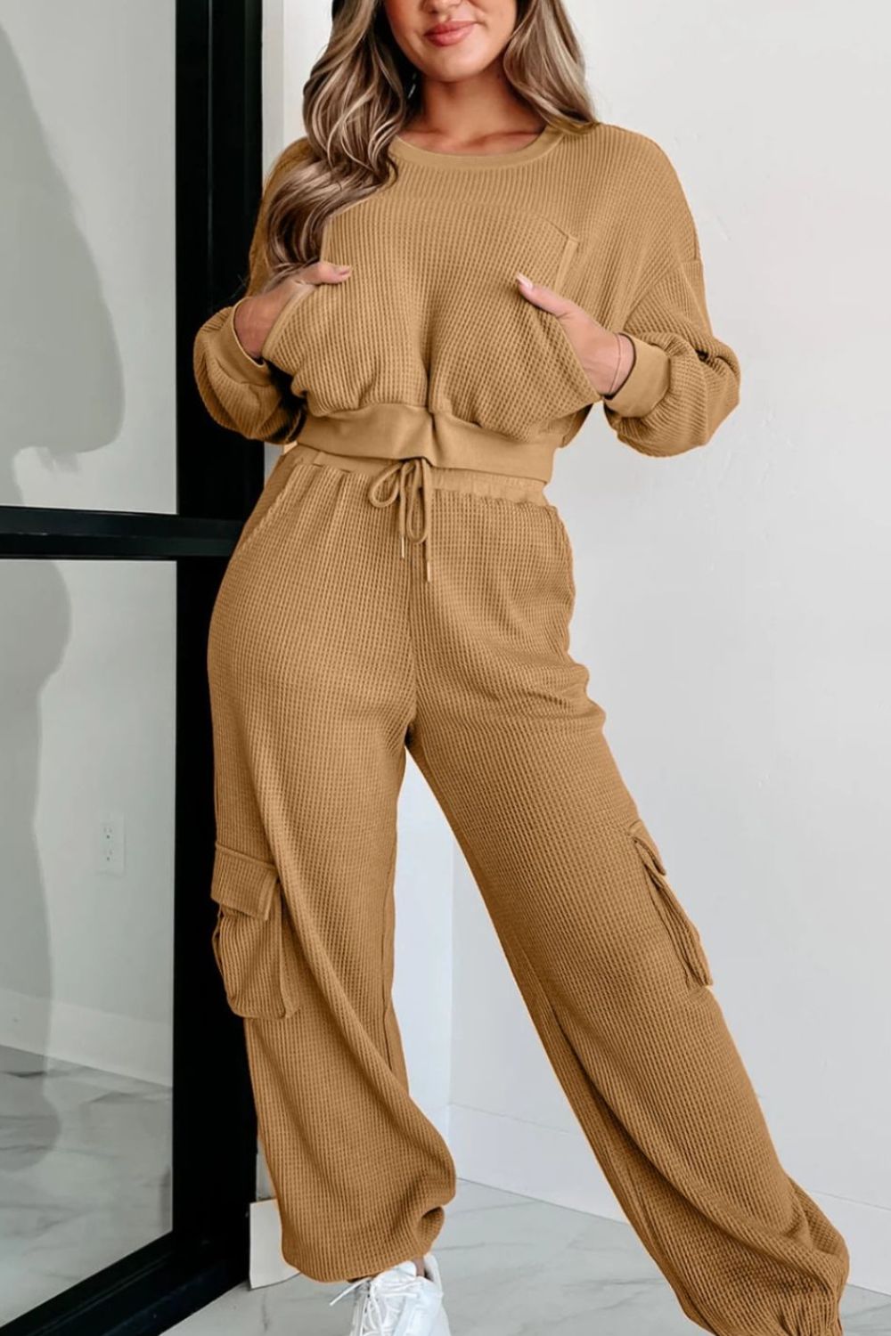 Waffle-knit Top and Drawstring Joggers Set