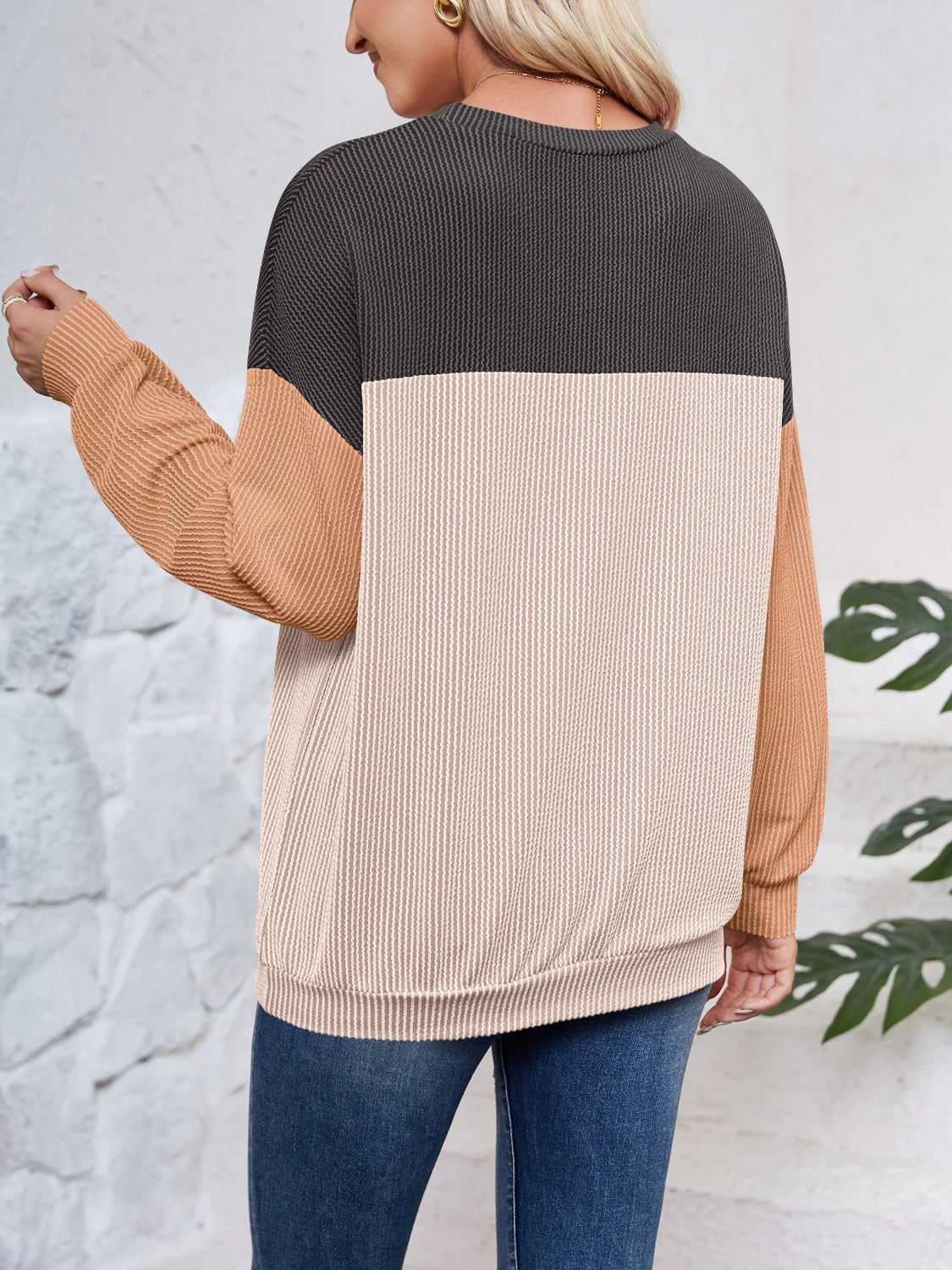 Color Block Round Neck Long Sleeve Sweatshirt