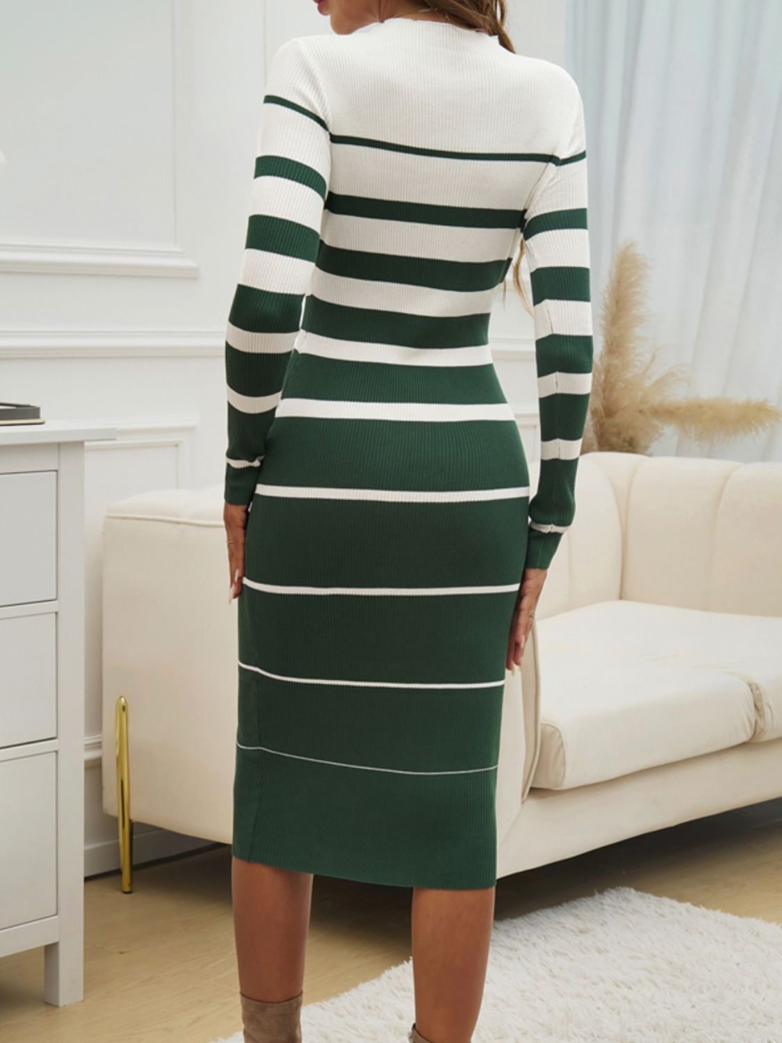 Color Block Round Neck Long Sleeve Midi Dress