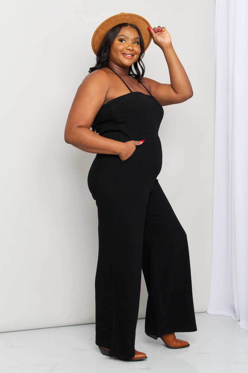 White Birch Full Size Halter Neck Wide Leg Jumpsuit with Pockets