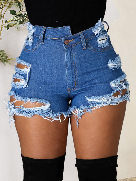 Distressed Raw Hem Denim Shorts with Pockets Plus Size