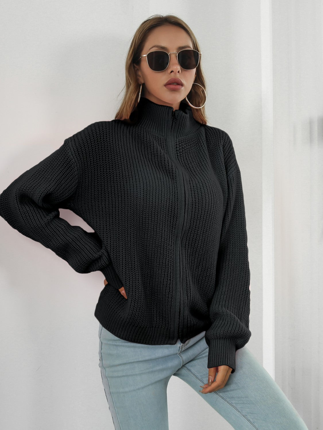 Turtleneck Zip Up Long Sleeve Knit Top