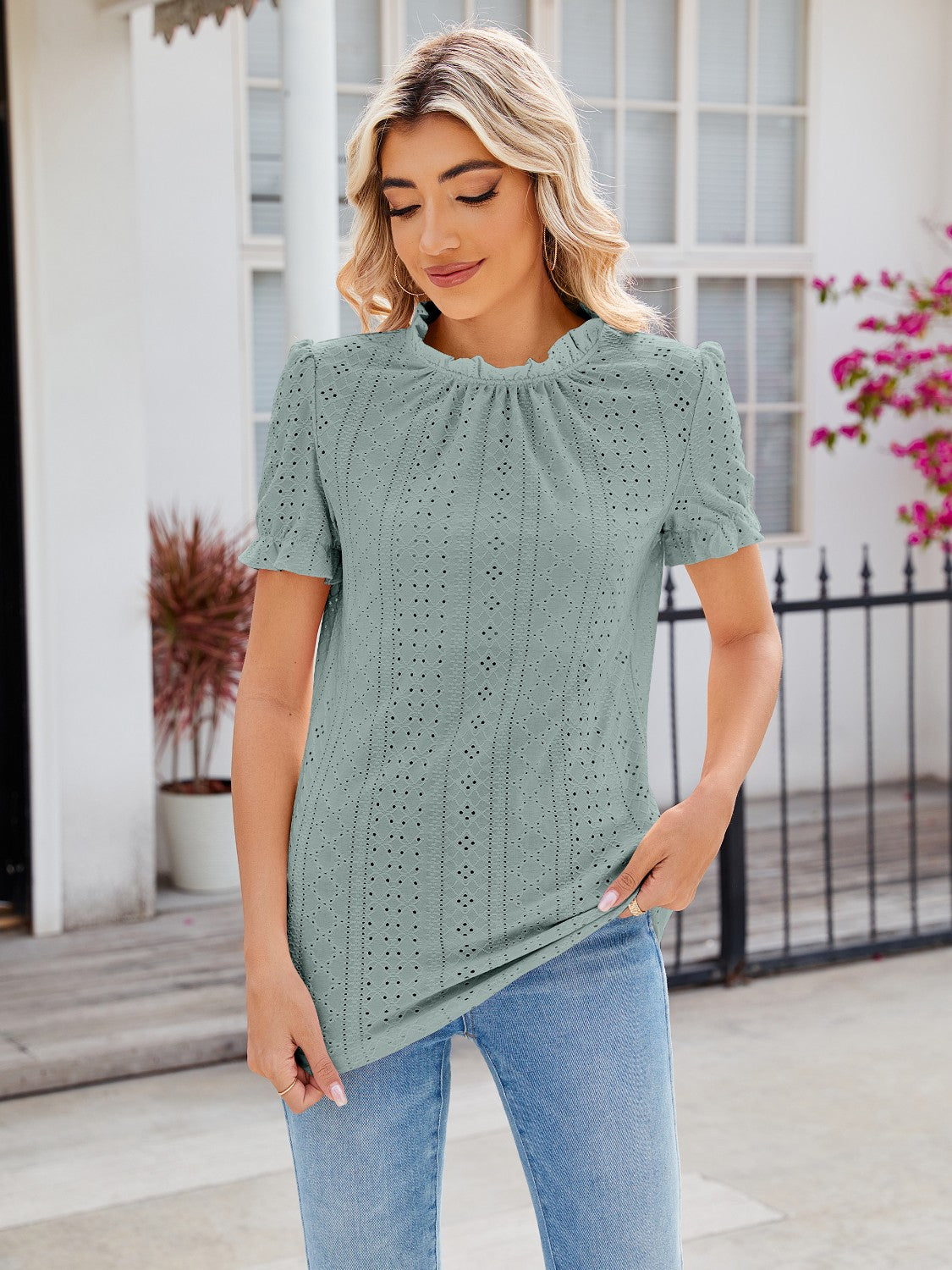 Eyelet Frill Mock Neck Flounce Sleeve Blouse