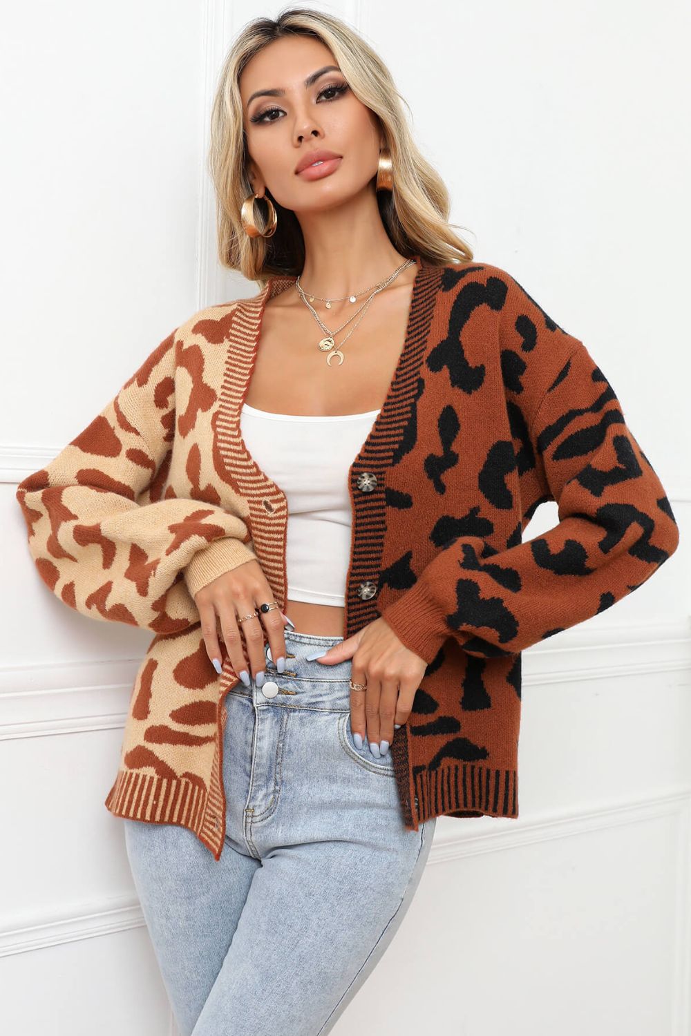 Angel Wings Leopard Button Front Ribbed Trim Cardigan