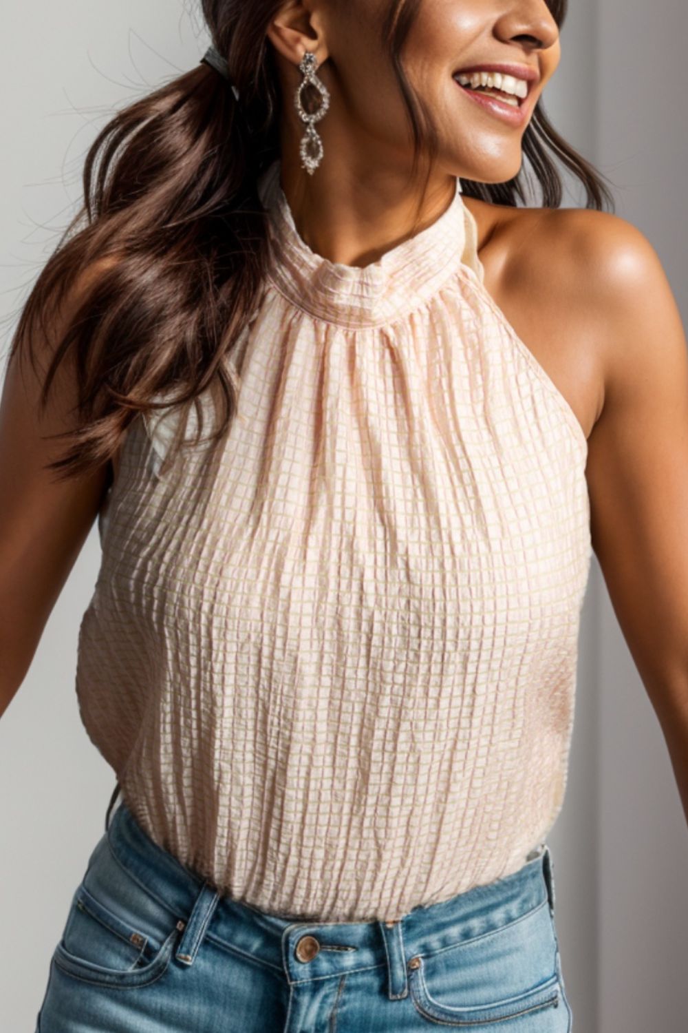 Textured Keyhole Mock Neck Tank